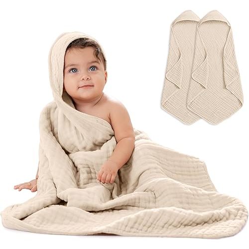Comfy Cubs 2 Pack Baby Hooded 9 Layer Muslin Cotton Towel for Kids, Large 32” x 32”, Ultra Soft, Warm, and Absorbent. Baby Essentials Bath Towels, Cute Unisex Cover for Girls and Boys (2 Pack, Sand)