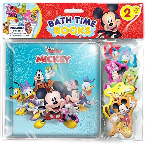 Disney Junior Mickey Bath Time Books - Activity Books for kids, Bath book, 6 Padded suction cups, 1 Mesh bag Bath Book