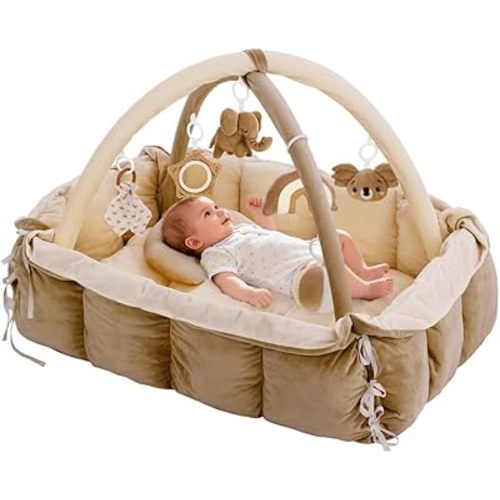 5-in-1 Baby Play Gym and Tummy Time Mat, Tummy Time Pillow & 12 Learning Cards, Plush Activity Mat with 6 Toys, Baby Gym, Convertible to Ball Pit, Baby Gift, Brown
