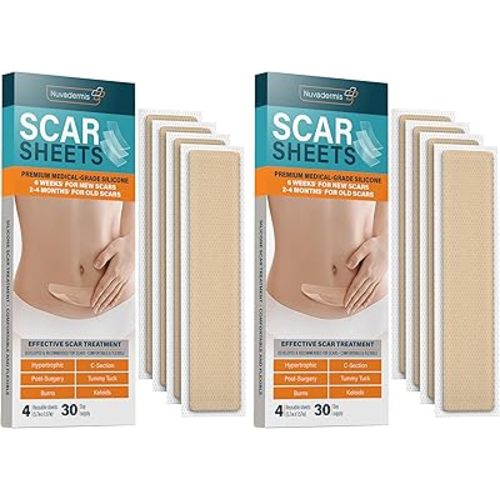 NUVADERMIS Silicone Scar Sheets – Extra Long Medical-Grade Scar Sheets for C-Section, Tummy Tuck, Keloid, and Surgical Scars – Reusable and Effective – 2 Packs of 4-8 Total Sheets