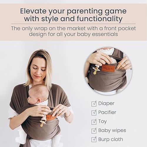 Baby Wrap Carrier - Premium Cotton Baby Carrier Wrap for Newborn to Toddler- Infant Carrier- Baby Holder One Size Fits All with Front Pocket by Max&so