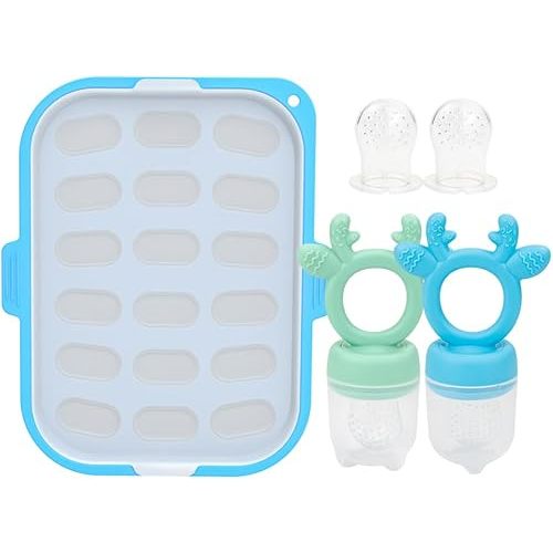 Morlike Silicone Baby Fruit Food Feeder & Breastmilk Popsicle Freezer Molds Tray, Baby Teething Relief Toys & Infant Self Feeding Storage Containers Set, BPA Free (Green & Mint)