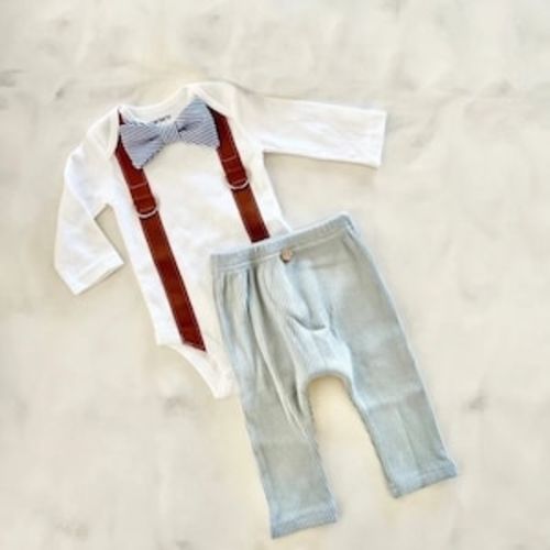 Newborn Baby Boy Coming Home Outfit Set. Seer Sucker Bow Tie Suspender Bodysuit, Knit Pants & Seer Sucker Newsboy Hat Tie Summer Holiday