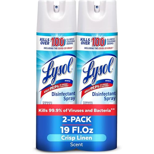 Lysol Disinfectant Spray, Household Essential Cleaning Supplies, Multi-Purpose Room Spray, Antibacterial Sanitizer Spray, Upholstery Deodorizer, Home and Bathroom, Crisp Linen,19 Fl Oz (Pack of 2)