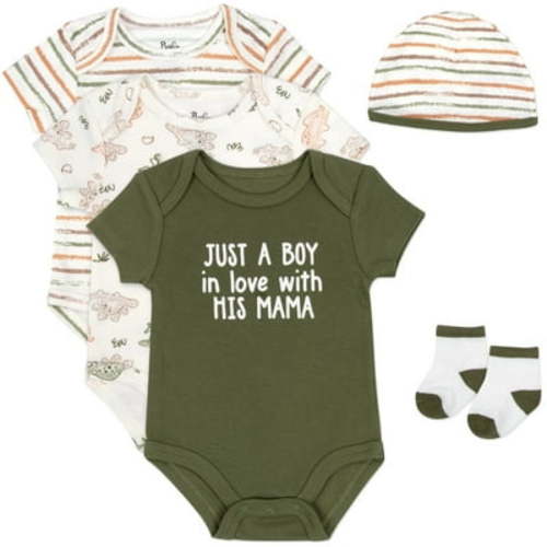 Baby Essentials Baby Boys 3 Months Just a Boy in Love 5 Piece Bodysuit Set Containing 3 Short Sleeve Bodysuits, 1 Cap & Pair of Socks