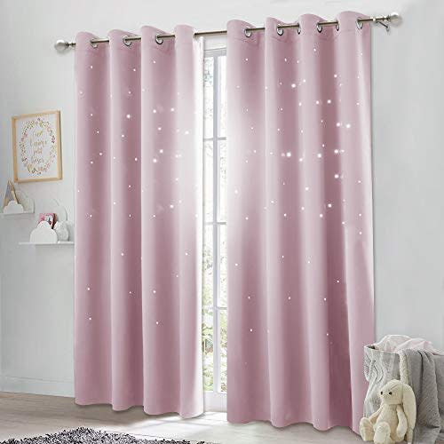NICETOWN Curtains for Kids Room Girl - Hollow Star Blackout Drape Panel Window Treatment Drapery for Space Theme Room (Lavender Pink=Baby Pink, Sold as 1 PC, 52 inches x 84 inches)