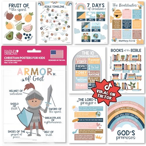 Hadley Designs Sunday School Decorations for Classroom – 9 Bible Posters for Kids, 11x14in Books of the Bible Poster, 10 Commandments, Fruits of the Spirit & More – Boho Christian Classroom Decor