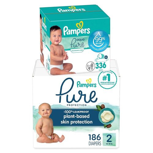 Pampers Pure Protection Disposable Baby Diapers Size 2, 186 Count with Aqua Pure Baby Wipes, 6X Pop-Top Packs (336 Count)