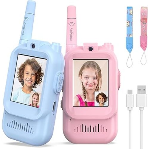 Walkie Talkies for Kids Pack of 2, Rechargeable Long Range Two Way Radios Toys for Boys Girls Age 3-5, Outdoor Adventure Camping Hiking, Birthday with Pink Blue Design