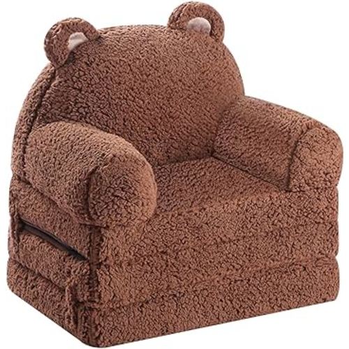 Foldable Kids Sofa, Sherpa Teddy Bear Toddler Couch with Tri Folding Foam Cushions, Comfy Kids Couch for Kids Age 18 Months and Up