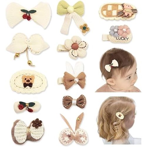 Bethynas 12 pcs Hair Clips for Girls Fabric Flower Hair Clips Fully Lined Hair Bows Barrettes Cute Cotton Floral Hair Accessories for Toddler Infant Kids (Bear - Ivory)