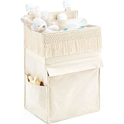 Mkono Diaper Organizer Caddy Macrame Hanging Baby Diaper Storage for Crib Changing Table Essentials Bag Boho Decor Diaper Stacker Holder for Nursery Bedroom, Newborn Gift, Ivory