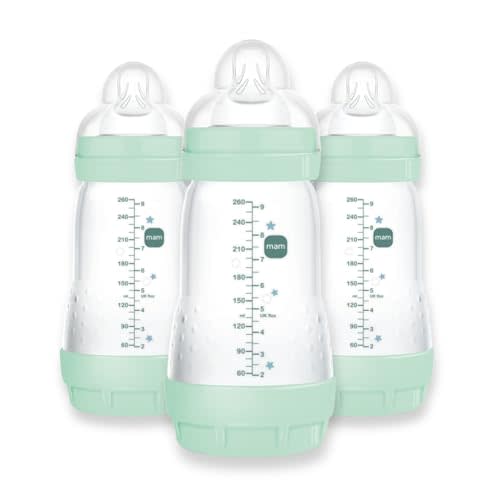 MAM 9oz Easy Start Anti-Colic Baby Bottles, Medium Flow, Breastfeeding-Like Silicone Nipple, Reduces Colic, Gas, & Reflux, Easy-to-Clean, BPA-Free, Baby Bottles for Newborns, 2+ Months