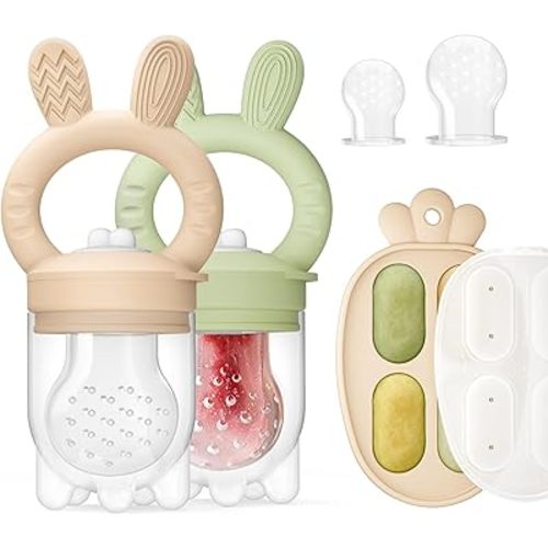 2 Packs Baby Fruit Feeder & Freezer Nibble Tray Combo, Push Pop Baby Food Feeder to Safely Introduce New Foods, Fresh & Frozen Food Silicone Feeder, 100% Food Grade, BPA Free (Caramel & Olive)