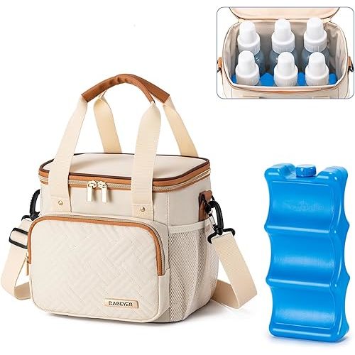 Breastmilk Cooler Bag with Ice Pack Fits 6 Baby Bottles up to 9 Ounce, Breast Milk Pump Cooler Bag for Nursing Mom Daycare, Work, Travel-Cream