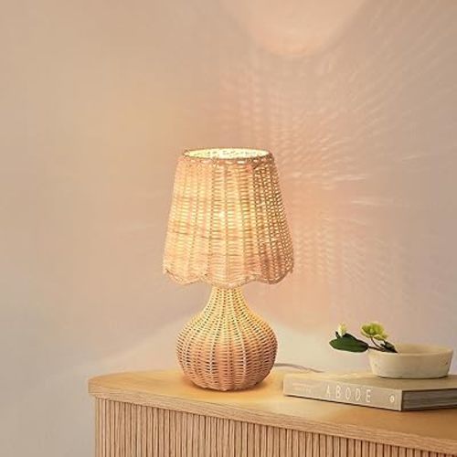 Rattan Small Bedside Table Lamp for Bedroom, Boho Mini Table Lamps for Nightstand, Farmhouse Small Table Lamps for Small Spaces for Kitchen Counter, Bookshelf, Bedroom, Kids Dorm