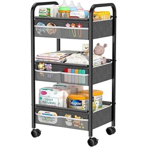 Baby Diaper Caddy Rolling Utility Cart, 3 Tier Baby Essentials Nursery Organizer and Storage with Dividers and Drawers for Crib, Bedroom, Art & Craft Organizer (Black)
