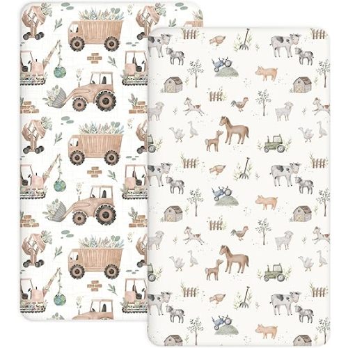 Crib Sheets for Boys and Girls, 2 Pack Fitted Baby Sheets for Standard Toddler Mattress 28" x 52", Soft Breathable Jersey Knit Baby Bedding (Little Farm)