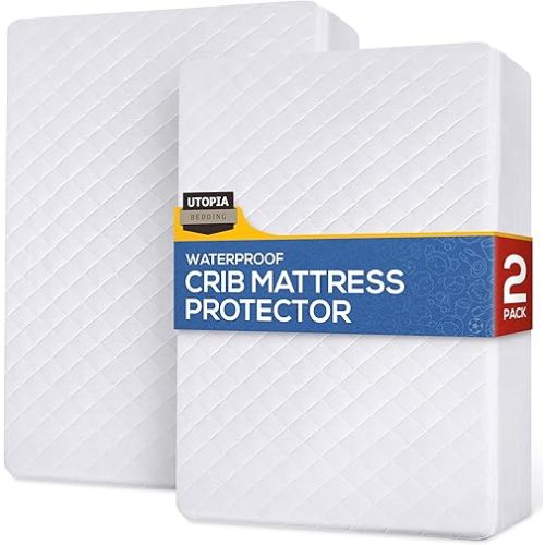 Utopia Bedding Waterproof Crib Fitted Mattress Protector (Pack of 2) - Toddler and Baby Crib Mattress Pad Cover - Soft and Breathable with 7 Inches Deep Skirt (White, 28" x 52")
