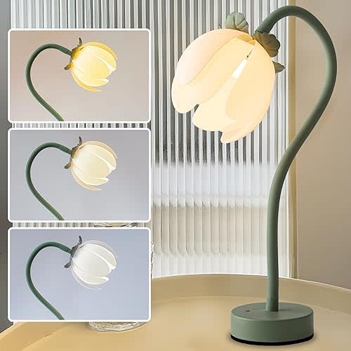 Flower Table Lamp,LED Bedside Reading Lamps Vintage Floral Night Light,3 Color Temperature Infinitely Dimmable Gooseneck Nightstand Lights Living Room Bedroom Lighting Desk Lamp Cute Home Decor(Green)