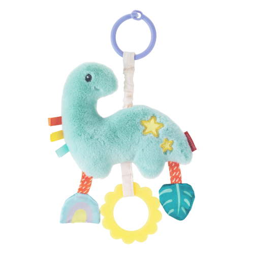 Infantino Shake & Pull Jittery Dinosaur Pal Plush Toy with Textures, Teether, Crinkle Sounds, and Stroller Clip for Babies 6-12 Months