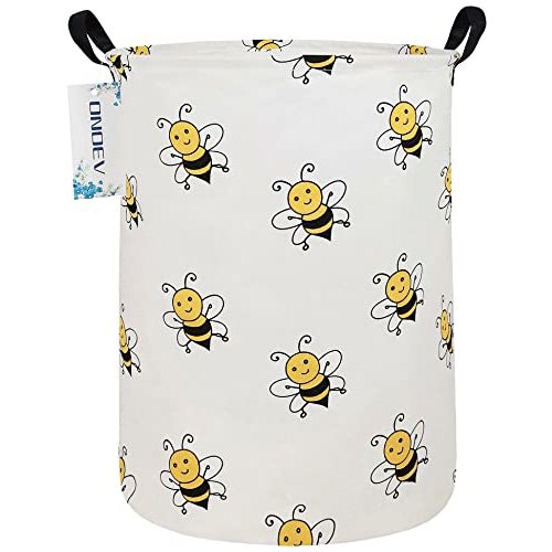 Cute Bee Laundry Basket, Collapsible Laundry Hamper for Girls, Sweet Honey Bee Round Storage Bin, Waterproof Toy Storage for Kids Room, Nursery, Playroom, New Parent Gift (Bee)