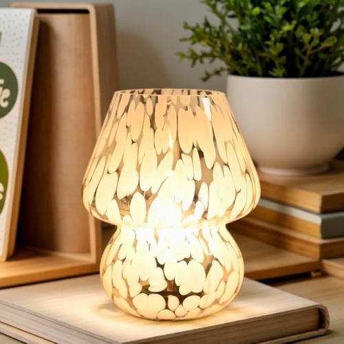 Glass Mushroom Lamp, Mushroom Desk Lamp with LED Bulb, Small Lamp for Kitchen Counter, Cozy Lamp for Bedroom Nightstand, Battery Operated Cordless Lamp for Living Room, Study, Lighting and Decorating
