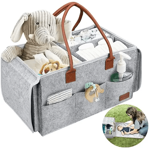 Baby Diaper Caddy Organizer with Changing Table, 2 in 1 Portable Felt Nursery Storage Bin and Car Organizer for Diapers, Baby Wipes and Toys