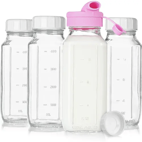 4 Pack 16 Oz Square Glass Milk Bottle With A Silicone Dispenser Cap, Glass Juice Bottles with Airtight Screw Lid, Drinking Bottles With Capacity Marks
