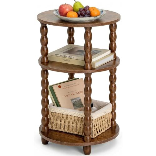 Round Side Table with 3-Tier Shelves, Small End Table with Solid Wood Legs for Living Room Bedroom, Modern Circular Coffee Table Nightstand for Small Spaces, Easy No-Tool Assembly
