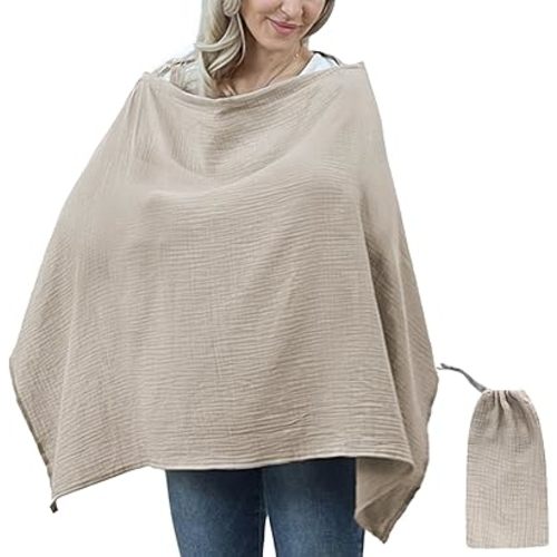 Muslin Nursing Cover for Breastfeeding Breathable 100% Cotton Breastfeeding Cover up with Rigid Hoop for Mother Arch Neckline Nursing Apron with Muslin Storage Bag Breastfeeding Essentials(Khaki)