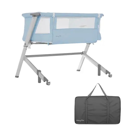 Dream On Me Skylar Bassinet and Beside Sleeper in Blue, Lightweight and Portable Baby Bassinet, Five Position Adjustable Height, Easy to Fold and Carry Travel Bassinet, JPMA Certified