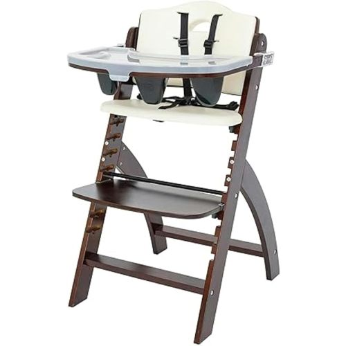 Abiie Beyond Junior Wooden High Chair with Tray - Convertible, Adjustable, Foldable High Chair for Babies and Toddlers - 6 Months to 250 Lb - Water Resistant - Mahogany Wood with Cream White Cushion
