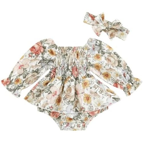 Infant Baby Girl Square-Neck Boho Floral Romper Long Sleeve Ruched Ruffle Jumpsuit Headband Newborn Spring Clothes