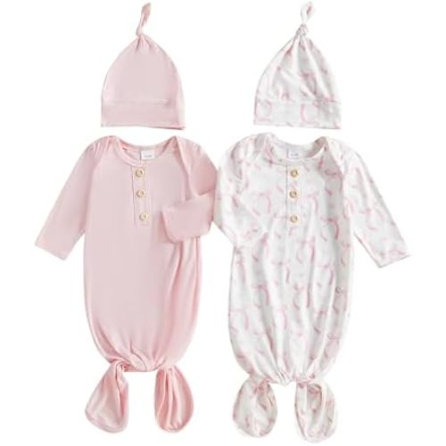 woshilaocai 2 Pack Baby Boy Girl Gown Sleeper Newborn Knotted Nightgown and Hat Set Infant Sleepwear