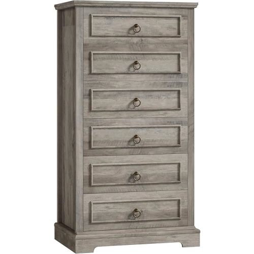 HOSTACK 6 Drawer Dresser for Bedroom, 52" Tall Dresser, Modern Farmhouse Vertical Chest of Drawers for Bedroom, Wooden Closet Chest, Wood Storage Cabinet for Living Room, Hallway, Entryway, Ash Grey