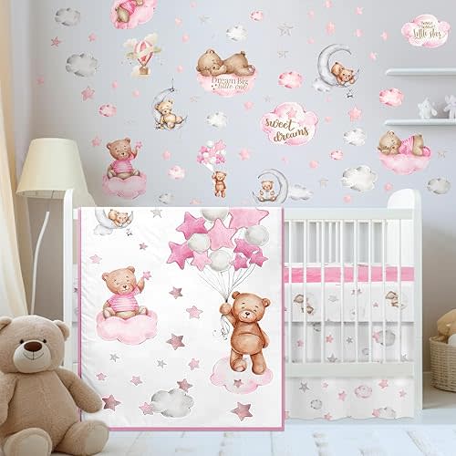 Mixweer 5 Pcs Crib Bedding Set for Toddlers Include Cloud Balloon Bear Theme Crib Sheets, Crib Skirt, Comforter, Pad Cover, Wall Stickers for Boys or Girls Nursery Bedding Sets(Pink)