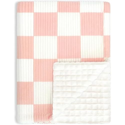 HOMRITAR Pink Baby Blanket with Checkered, Comfy Durable Corduroy Toddler Blankets with Double Layer 3D Square Grid Backing, Reversible Bed Blanket for Boys Girls Infant Newborn 30 x 40 Inch