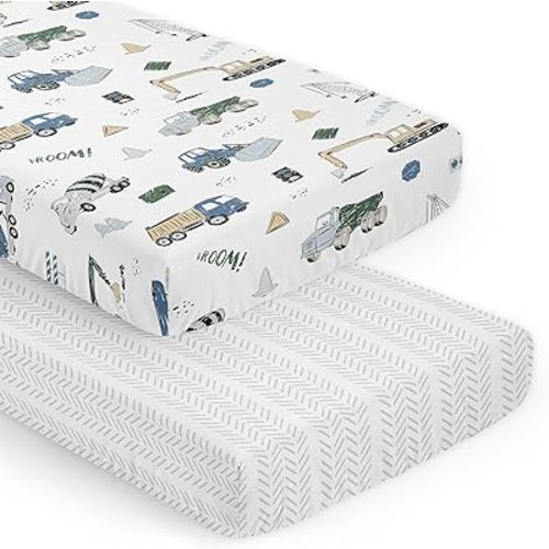 Sweet Jojo Designs Green Blue Construction Truck Boy Baby Fitted Crib Sheet Set Infant Newborn Nursery Toddler Bed Room Standard Mattress 2p Transportation Bulldozer Tractor Cement Mixer Tire Tracks