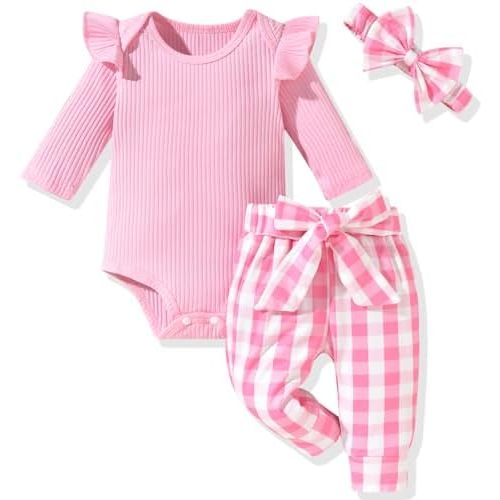 Aalizzwell Preemie Newborn Infant Baby Girls Clothes Ribbed Romper Bodysuit Pants Set Fall Winter Outfits
