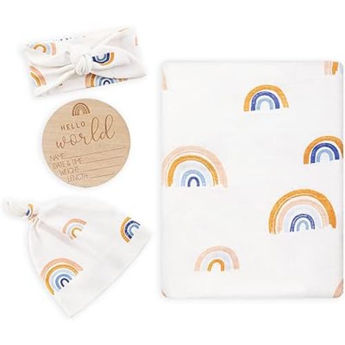 Muslin Swaddle Blanket with Hat and Headband Bow, Rainbow Pattern Swaddle Set for Baby Boys & Girls, Newborn Soft Breathable Unisex Receiving Blanket Wrap, 47x47 inches