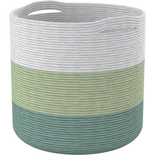 Tall Recycled Cotton Laundry Basket - Woven Rope Blanket Storage Basket, Pillows, Toys, Towels, Laundry, and Living Room Organization -15x15x17.7" - Eco-Friendly and Stylish, Green & White