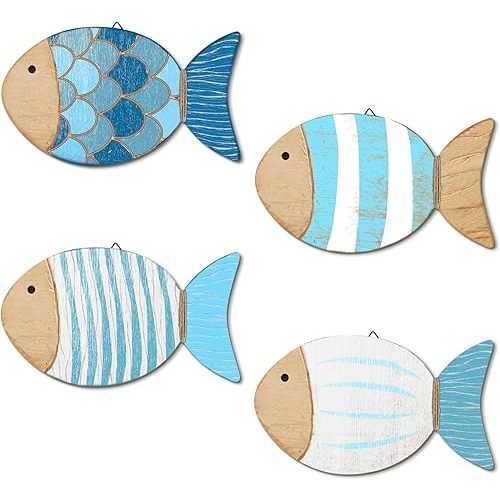Putuo Decor 4 Pcs Wood Fish Wall Art, Nautical Beach Decor, Wooden Fish Hanging Sculptures, Blue (10 In)