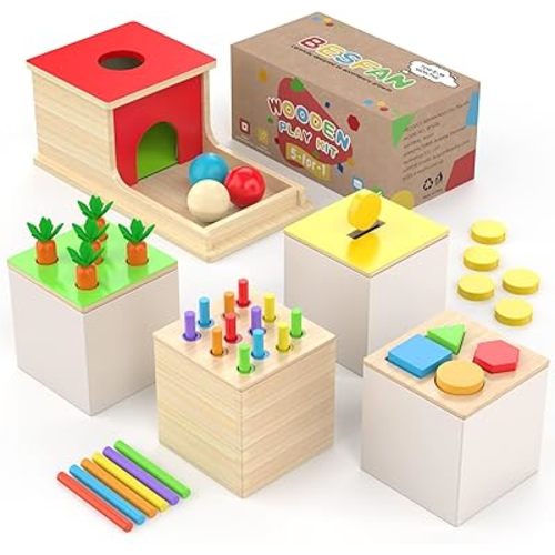 BESFAN Montessori Toys for 1 Year Old, 5-in-1 Toddler Toys 2-3 with Object Permanence Box, Carrot Toy, Coin Box, Matchstick, Shape Sorter, Wooden Developmental Learning Toys for Toddlers 1-3