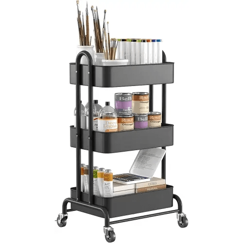 Ceayell 3-Tier Metal Rolling Storage Cart Heavy Duty Utility Cart Organizer with Lockable Wheels Black