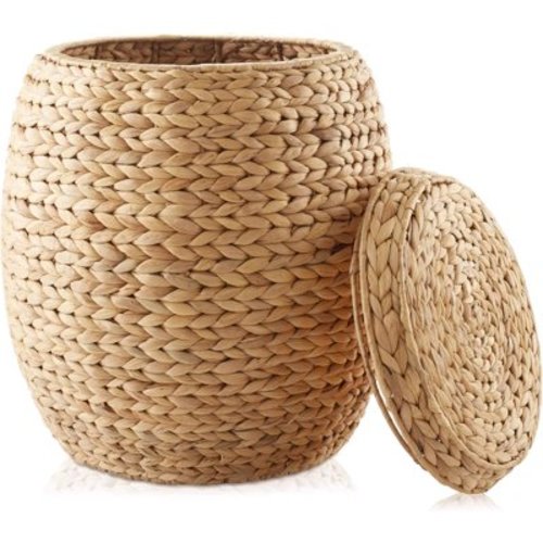 QuellQuest Round Storage Basket with Lid, Handwoven Water Hyacinth Organizer for Laundry, Blankets, Plants, Bedroom, Living Room, Home Office,Natural