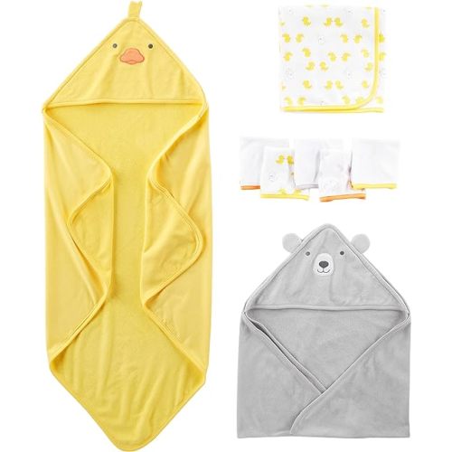 Simple Joys by Carter's Unisex Babies' 8-Piece Towel and Washcloth Set, Grey Bear/Yellow Ducks, One Size