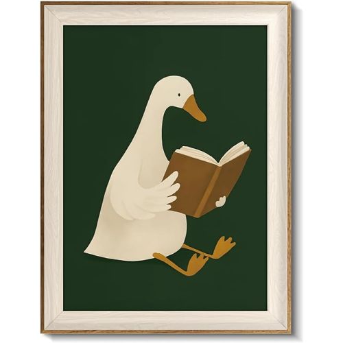 VIYYIEA Framed Wall Art for Living Room, Reading Goose Canvas Prints, Humorous Home Decor, Animals Painting Picture, Bathroom Wall Decor Gifts for Friends or Family - 16L x 12W