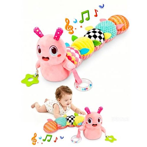 GoGonova Baby Sensory Caterpillar Toys 0-12 Months Plush Activity Toy | Newborn Sensory Toy, Crinkle Rattle Mirror, Soft Plush Textures, Tummy Time Activity Toy for Infant Boys Girls Baby Gifts