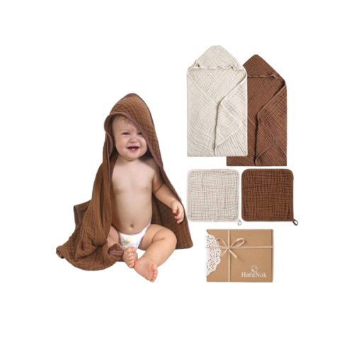 Muslin Hooded Baby Towel 4 Pack, Preuim Muslin 6 Layers Natural Cotton Baby Bath Towels, Soft and Comfortable for Boys,Girls (32 x 32, Blue Striped and White)